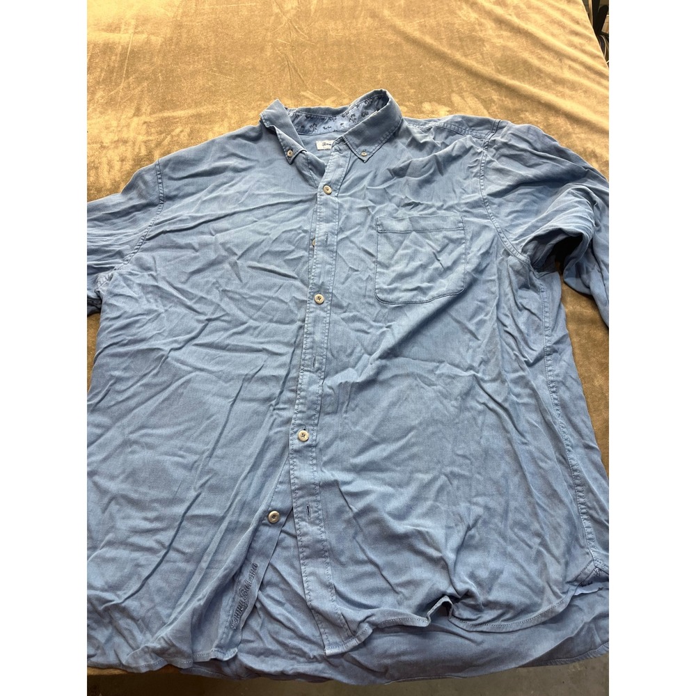 Tommy Bahama Mens XL Blue Herringbone Tencel Cotton Button Down Shirt Palm Print